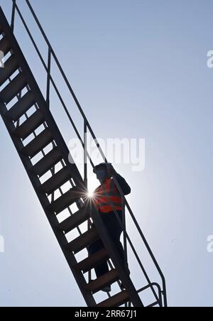 210130 -- PUTIAN, 30. Januar 2021 -- Wang Ruifeng steigt die Treppe hinauf, um in den Operationsraum des Trägerkrans auf einem Trägerbaufeld der China Railway 11 Bureau Group Co., Ltd. In Putian City, Südostchina, Provinz Fujian, 29. Januar 2021 zu gelangen. Wang Ruifeng, Jahrgang 1997, arbeitet seit zwei Jahren als Kranführer. Wang arbeitet hoch über dem Boden und muss mit Bodenarbeitern zusammenarbeiten, um Kastenträger mit einem Gewicht von über 900 Tonnen genau an den angegebenen Ort zu heben und zu bewegen. Trägerkranbetreiber sind für den Hochgeschwindigkeitsbahnbau unverzichtbar geworden. CHI Stockfoto