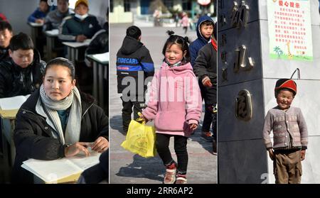 210203 -- LIANGSHAN, 3. Februar 2021 -- in diesem Kombi-Foto, das am 22. Januar 2021 aufgenommen wurde, zeigt der linke Teil Wuqi Labumu, die älteste Tochter von Bamu Yubumu, die einen Schulunterricht besucht. Der mittlere Teil zeigt Wang Xueyi, die zweite Tochter von Bamu Yubumu, beim Spaziergang auf ihrem Schulgelände und im rechten Teil zeigt Wuqi Buji, Sohn von Bamu Yubumu, vor seinem Kindergarten im Yuexi County, der autonomen Präfektur Liangshan Yi, der südwestlichen chinesischen Provinz Sichuan. Eine junge Mutter beugte sich mühsam vor, um das Gewicht eines übergroßen Gepäcks auf ihrem Rücken und eines kleinen Babys in ihrem Arm auszugleichen, während sie kämpfte Stockfoto