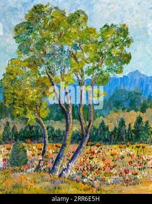 Vintage-Ölgemälde mit bunten Sommertagen mit Bäumen und wilden Blumen. Traditionelle Landschaftsmalerei. Impressionismus. Art.. Stockfoto
