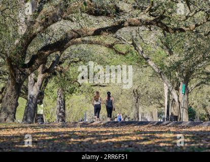 NEW ORLEANS, LA, USA - 8. MÄRZ 2021: Zwei junge Frauen spazieren am Frühlingstag im Park Stockfoto