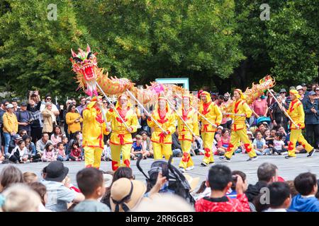 210214 -- CHRISTCHURCH, 14. Februar 2021 -- Drachentanz wird während einer chinesischen Mondparade in Christchurch City of New Zealand, 14. Februar 2021, aufgeführt. Das neuseeländische Christchurch läutete das Jahr des Ochsen mit mehreren kulturellen Veranstaltungen ein, hervorgehoben durch eine Lunar New Year Straßenparade am Sonntag mit traditionellen Tänzern und Musikern, Drachen, Löwen und vielem mehr. Foto von /Xinhua NEUSEELAND-CHRISTCHURCH-CHINESE LUNAR NEUJAHRSPARADE LixXiaogang PUBLICATIONxNOTxINxCHN Stockfoto