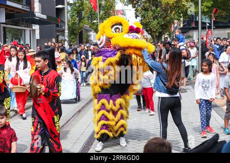 210214 -- CHRISTCHURCH, 14. Februar 2021 -- Lion Dance wird während einer chinesischen Mondparade in Christchurch City of New Zealand, 14. Februar 2021, aufgeführt. Das neuseeländische Christchurch läutete das Jahr des Ochsen mit mehreren kulturellen Veranstaltungen ein, hervorgehoben durch eine Lunar New Year Straßenparade am Sonntag mit traditionellen Tänzern und Musikern, Drachen, Löwen und vielem mehr. Foto von /Xinhua NEUSEELAND-CHRISTCHURCH-CHINESE LUNAR NEUJAHRSPARADE LixXiaogang PUBLICATIONxNOTxINxCHN Stockfoto