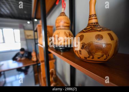 210218 -- HORGOS, 18. Februar 2021 -- Pyrographische Kalabaskunstwerke werden in Cao Guangyaos Atelier in Horgos, Nordwestchina, Xinjiang Uygur Autonomous Region, 6. Februar 2021 gesehen. Cao Guangyao ist ein 45-jähriger Bauer in Horgos. Er ist auch bei den Einheimischen als Künstler für seine pyrographische Kalabaskunst bekannt. Cao interessierte sich vor 8 Jahren für pyrografische Kreationen aus Fernsehsendungen und begann seitdem mit seiner eigenen Schöpfung. Trotz fehlender Berufsausbildung unternahm Cao immer wieder Kunstversuche mit Liebe und Leidenschaft in der Slacksaison der landwirtschaftlichen Produktion. Nein Stockfoto