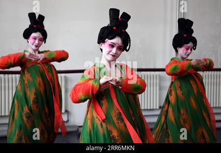 210222 -- ZHENGZHOU, 22. Februar 2021 -- Tänzer üben im Zhengzhou Song and Dance Theater in Zhengzhou, Provinz Henan in Zentralchina, 20. Februar 2021. 14 Tänzer des Zhengzhou Song and Dance Theaters waren sehr beschäftigt, seit der Tanz, den sie aufführten, viral online ging. Die Vorstellung, genannt Bankett des Tang Palastes, wurde auf der Frühjahrsfestgala der Provinz Henan inszeniert. Mit brillanten Choreografien und Darbietungen hat der Tanz fast schon alte Tanzfiguren der Tang-Dynastie 618-907 zum Leben erweckt. Die Vorstellung Bankett des Tang Palace, inspiriert von den tanzenden Figuren, die in gezeigt werden Stockfoto