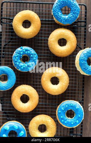 Mehrere einfarbige und blau verzierte Donuts auf einem Kühlregal. Stockfoto