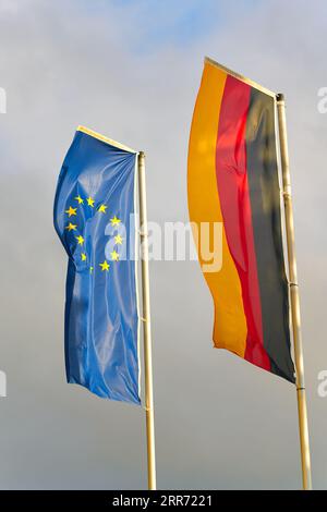 Die Flaggen der Europäischen Gemeinschaft und der Bundesrepublik Deutschland fliegen im Wind zusammen Stockfoto