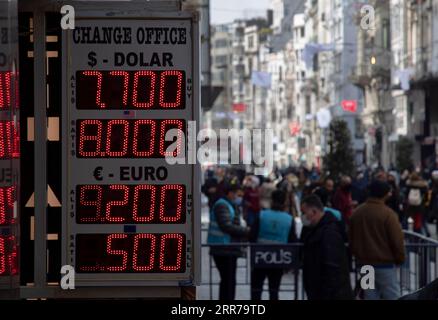 210322 -- ISTANBUL, 22. März 2021 -- Ein elektronischer Bildschirm der Devisenbörse zeigt die Wechselkurse in Istanbul, Türkei, am 22. März 2021. Die türkische Währung stürzte am Montag um rund 11 Prozent ein, nachdem der türkische Präsident Recep Tayyip Erdogan den Zentralbankgouverneur entlassen und einen Kritiker der hohen Zinssätze ernannte, eine Bewegung, die Turbulenzen auf den Märkten auslöste. Die türkische Lira schwankte am Montagmorgen beim Handel mit dem US-Dollar bei 8,02, was einen starken Rückgang gegenüber dem Schlussniveau am Freitag von 7,22 darstellt, während die türkische Währung gegenüber dem Euro ebenfalls um 11 Prozent zurückging. Foto von /Xinhua TÜRKEI Stockfoto