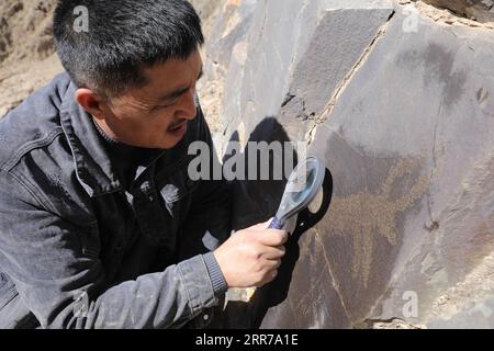 210323 -- SUNAN, 23. März 2021 -- du Chengfeng sieht ein Felsgemälde auf dem Yumu-Berg im Yugu Autonomous County of Sunan, nordwestlich der chinesischen Provinz Gansu, 22. März 2021. Du Chengfeng, 45, wurde aus einer Hirtenfamilie geboren. Aus Interesse und Leidenschaft hat er in den letzten 20 Jahren über 12.000 Felsmalereien auf den Qilian Mountains gesammelt. Er verbringt oft über 100 Tage im Jahr auf der Suche nach verschiedenen Felsmalereien im tiefen Berg. Du begann 2012 im Kultursektor zu arbeiten. Auf seinen Vorschlag hin wurden die lokalen Behörden zur Verwaltung des kulturellen Erbes erweitert Stockfoto