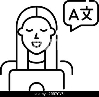 Mädchen, das am Laptop arbeitet, um Sprachen zu übersetzen, zu lernen oder Dolmetschdienste zu nutzen. Pixel perfekter, bearbeitbarer Hub Stock Vektor