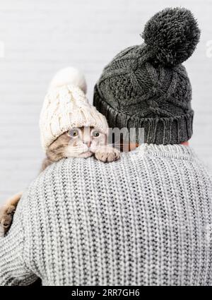 Mann mit Rücken, der ein kleines Kätzchen hält Stockfoto