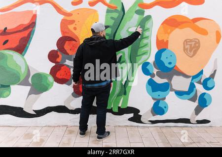 Rückansicht Mann, der Graffiti mit Sprühdose Wand herstellt Stockfoto