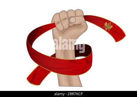 3D-Illustration. Handfahne Montenegros auf einem Stoffband-Hintergrund. Stockfoto