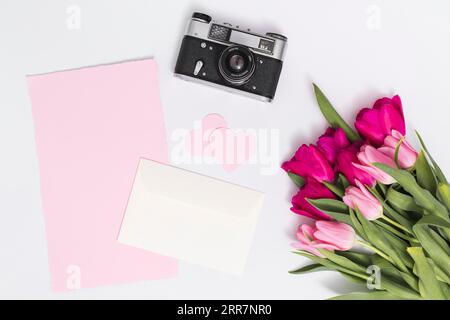 Tulpenblumen Retro-Kamera Herzform leeres Papier vor isoliertem weißem Hintergrund Stockfoto