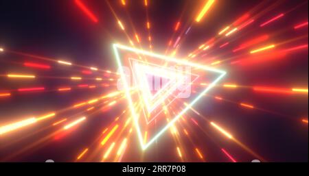 Abstrakter, mehrfarbiger gelber, futuristischer High-Tech-Tunnel aus fliegenden Dreiecken und Linien Neonmagie leuchtender Hintergrund. Stockfoto