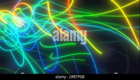 Abstrakte mehrfarbige Regenbogen-Neon-Energie-Laserlinien auf schwarzem Hintergrund. Stockfoto