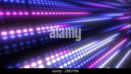 Abstraktes helles lila Hintergrundmuster aus fliegenden Punktlinien und leuchtenden Kreisen futuristischer digitaler Energie magischer heller Partikel. Stockfoto