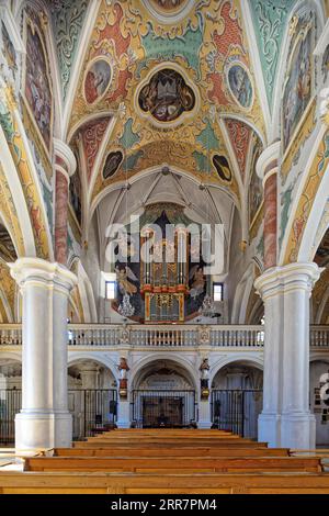 Orgel, Galerie und prächtige Deckenfresken, Fresko, in der Pseudo-Basilika Unser Lieben Frau auch Kirche unserer Lieben Frau, gotisch, erstmals erwähnt in Stockfoto