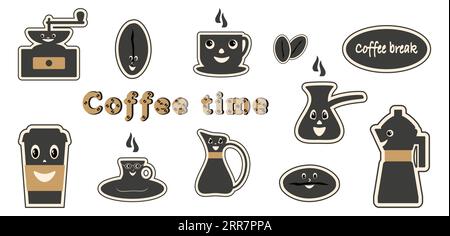Kaffeeaufkleber Kollektion Kaffee im Retro-Stil groovige Zeichentrickfiguren. Niedliche Kawaii-Kaffeegesichter Kaffeezubehör Symbole Set Vektor-Illustration Stock Vektor