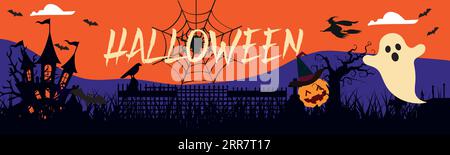 Happy Halloween Banner oder Abustrakt Hintergrund mit Wolken, Fledermäusen und Kürbissen Halloween City Panorama im halloween Stil. Spinnennetz und Hexenkessel Stock Vektor