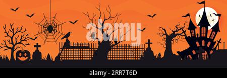 Happy Halloween Banner oder Abustrakt Hintergrund mit Wolken, Fledermäusen und Kürbissen Halloween City Panorama im halloween Stil. Spinnennetz und Hexenkessel Stock Vektor