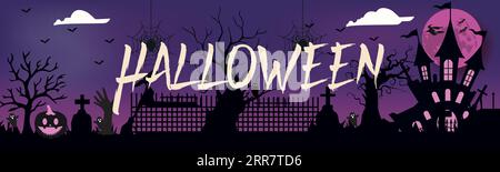 Happy Halloween Banner oder Abustrakt Hintergrund mit Wolken, Fledermäusen und Kürbissen Halloween City Panorama im halloween Stil. Spinnennetz und Hexenkessel Stock Vektor