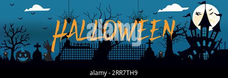 Happy Halloween Banner oder Abustrakt Hintergrund mit Wolken, Fledermäusen und Kürbissen Halloween City Panorama im halloween Stil. Spinnennetz und Hexenkessel Stock Vektor