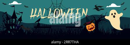 Happy Halloween Banner oder Abustrakt Hintergrund mit Wolken, Fledermäusen und Kürbissen Halloween City Panorama im halloween Stil. Spinnennetz und Hexenkessel Stock Vektor