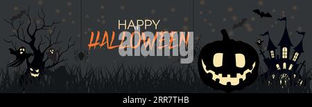 Happy Halloween Banner oder Abustrakt Hintergrund mit Wolken, Fledermäusen und Kürbissen Halloween City Panorama im halloween Stil. Spinnennetz und Hexenkessel Stock Vektor