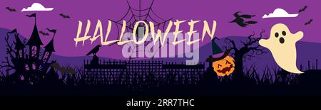Happy Halloween Banner oder Abustrakt Hintergrund mit Wolken, Fledermäusen und Kürbissen Halloween City Panorama im halloween Stil. Spinnennetz und Hexenkessel Stock Vektor