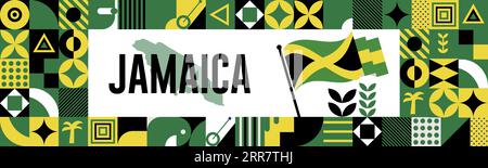JAMAIKA National Day Banner mit Karte, Flaggenfarben Themenhintergrund und geometrischem abstraktem Retro-Design mit hochgezogenen Händen oder Fäusten. Stock Vektor