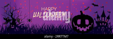 Happy Halloween Banner oder Abustrakt Hintergrund mit Wolken, Fledermäusen und Kürbissen Halloween City Panorama im halloween Stil. Spinnennetz und Hexenkessel Stock Vektor