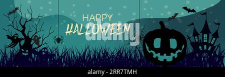 Happy Halloween Banner oder Abustrakt Hintergrund mit Wolken, Fledermäusen und Kürbissen Halloween City Panorama im halloween Stil. Spinnennetz und Hexenkessel Stock Vektor