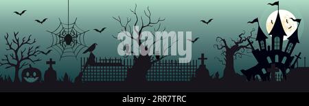 Happy Halloween Banner oder Abustrakt Hintergrund mit Wolken, Fledermäusen und Kürbissen Halloween City Panorama im halloween Stil. Spinnennetz und Hexenkessel Stock Vektor