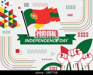 Portugiesisches Nationalbanner mit Karte, Flaggenfarben, Themenhintergrund und geometrischem abstraktem Retro-Design in modernen Rot- und Blautönen. Abstrakte Moderne des Stock Vektor