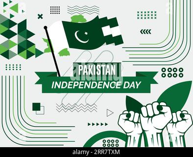 pakistan National Day Banner mit Karte, Flaggenfarben Themenhintergrund und geometrischem abstraktem Retro-Design in modernem Blau. Abstraktes modernes Design. Stock Vektor