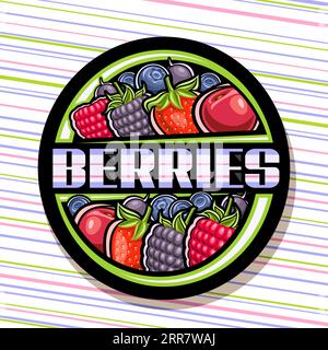 Vektor-Logo für Beeren, schwarzes dekoratives Schild mit Umrisszeichnung von vielen verschiedenen roten Gartenbeeren in einer Reihe und einzigartiger Pinselbeschriftung f Stock Vektor