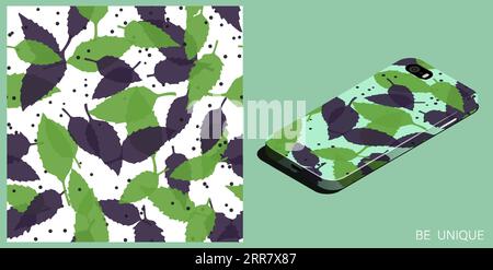 Modernes Smartphone in einzigartiger Hülle mit Basilikum-Grasblättern und nahtlosem Muster für Samen. Essbare Pflanzen für köstliche Speisen. Isometrische Draufsicht. Vektor Stock Vektor
