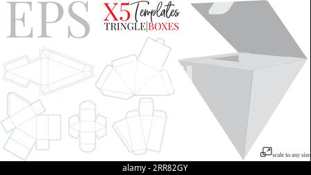 Triangle Box Template Set, Vektor mit Stanzung, lasergeschnittene Linien. Weißes, klares, leeres, isoliertes Dreiecksfeld auf weißem Hintergrund, perspektivisch Stock Vektor