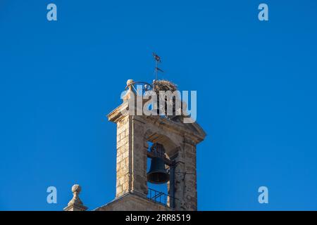 Das Storchennest thront und wurde mit Zweigen auf dem Glockenturm und einer kleinen Glocke der alten Kathedrale von Salamanca unter einem klaren blauen Himmel gebaut Stockfoto