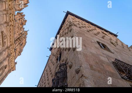 Niedriger Blickwinkel auf La casa de las Conchas und das Clerecia-Gebäude. Salamanca. Stockfoto