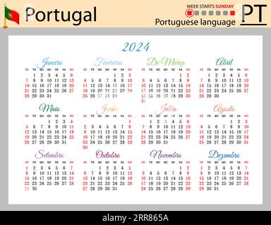 Portugiesischer horizontaler Taschenkalender für 2024 (zweitausend vierundzwanzig). Die Woche beginnt am Sonntag. Neujahr. Einfaches Farbdesign. Vektor Stock Vektor