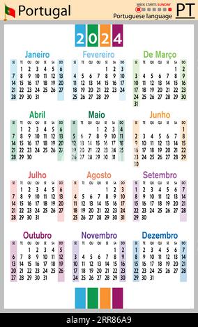 Portugiesischer vertikaler Taschenkalender für 2024 (zweitausend vierundzwanzig). Die Woche beginnt am Sonntag. Neujahr. Einfaches Farbdesign. Vektor Stock Vektor