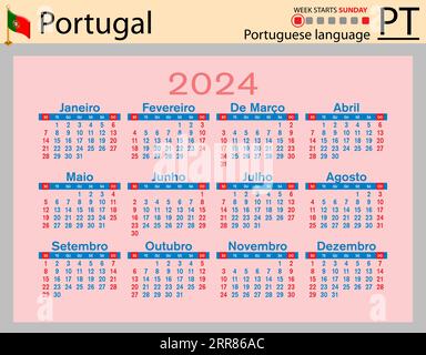 Portugiesischer horizontaler Taschenkalender für 2024 (zweitausend vierundzwanzig). Die Woche beginnt am Sonntag. Neujahr. Einfaches Farbdesign. Vektor Stock Vektor