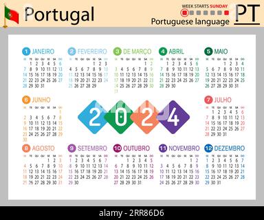 Portugiesischer horizontaler Taschenkalender für 2024 (zweitausend vierundzwanzig). Die Woche beginnt am Sonntag. Neujahr. Einfaches Farbdesign. Vektor Stock Vektor