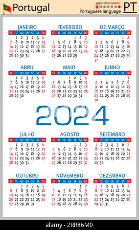 Portugiesischer vertikaler Taschenkalender für 2024 (zweitausend vierundzwanzig). Die Woche beginnt am Sonntag. Neujahr. Einfaches Farbdesign. Vektor Stock Vektor