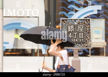 210422 -- PEKING, 22. April 2021 -- Ein Fußgänger hält einen Regenschirm, um vor der Hitze in Ginza, Tokio, 15. August 2020, zu schützen. Unsere Heimat, die Erde, steht vor großen Herausforderungen für ihr Klima und ihre Umwelt. Es ist unsere Pflicht, Maßnahmen zu ergreifen und das Blaue Plannet zu schützen, in dem jeder von uns lebt. EARTH DAY 2021-ENVIRONMENT AWARENESS DuxXiaoyi PUBLICATIONxNOTxINxCHN Stockfoto