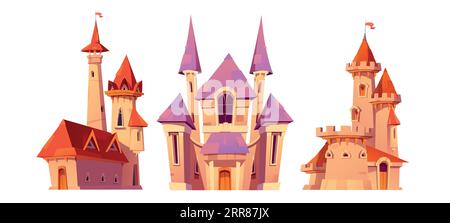 Märchenhaftes rosa Prinzessin Schloss Zeichentrickvektor-Set. Der magische Märchenreich-Weltturm für Fantasy-Kindergeschichten. Mittelalterliche königliche Villa Architektur png Clipart Icons isoliert auf weißem Hintergrund Stock Vektor