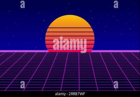 Synthwave-Hintergrundvorlage. 80er und 90er Jahre Retro-Kulisse bei Sonnenuntergang. Neonlicht-Gitterlandschaft. Vintage Retrowave. Futuristische Vapor Wave Tapete. Vektor Stock Vektor