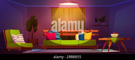 Grünes Sofa im Wohnzimmer im nächtlichen Vektorhintergrund. Inneneinrichtung mit Sofa und Sessel im Panorama-Konzept der Lounge. Rustikal eingerichtetes, farbenfrohes Apartment-Wohnzimmer im Inneren Stock Vektor