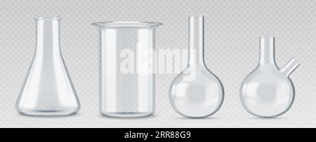 3. Chemielabor-Glas-Wissenschafts-Testkolben. Realistische Laborbecherausrüstung. Chemisches Glasgefäß, isoliertes Vektorset. Leerer Zylindermessbehälter für wissenschaftliche medizinische Experimente Stock Vektor